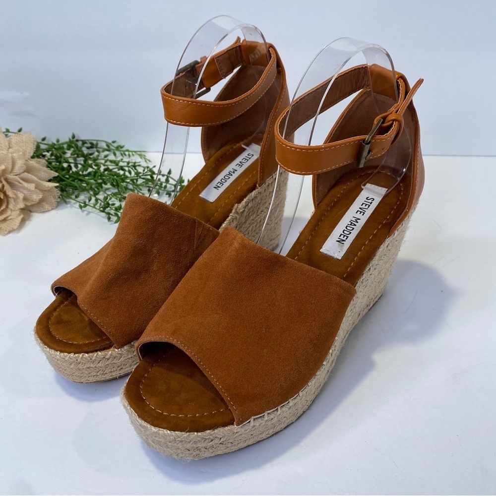 Steve Madden JAYLEN Platform Espadrille Wedge Sandals Size 9.5M in Cognac Camel